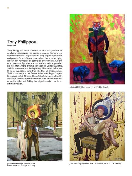 A page from Newbrow by Schiffer Publishing, Ltd. showcases three vibrant pop-surrealist Tony Philippou paintings: a man with a blue bear in a city, a winged angel over a crowd, and a haloed man with a lion. Artist bio and artwork details appear on the left.