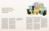 In "Mid-Century Modern Glass in America" by Schiffer Publishing, Ltd., the left page details book organization, price guides, and glass manufacturer insights; the right page showcases vibrant glassware—glasses, bowls, and pitchers—artfully arranged.