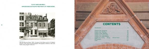 Left: Black-and-white photo of a 1903 street view with storefronts and a prominent SIGNS sign, evoking New York City ghost signs. Right: Architectural detail close-up with a green table of contents. From Ghost Signs by Schiffer Publishing, Ltd.
