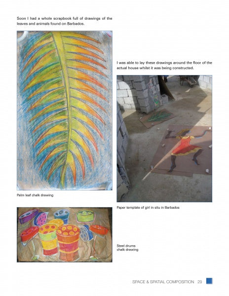 A collage of three artworks inspired by mosaic art from "Fused Glass Mosaics" by Schiffer Publishing, Ltd.: a vibrant palm leaf chalk drawing, a dancing girl in progress, and bright steel drums—all labeled underneath.