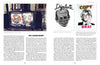 A two-page magazine spread from Schiffer Publishing, Ltd.: the left page showcases Robbie Conal’s political art posters on a dumpster with an art history article; the right page features portraits titled Dripaholic and COPY BRAT.