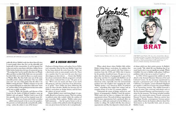A two-page magazine spread from Schiffer Publishing, Ltd.: the left page showcases Robbie Conal’s political art posters on a dumpster with an art history article; the right page features portraits titled Dripaholic and COPY BRAT.