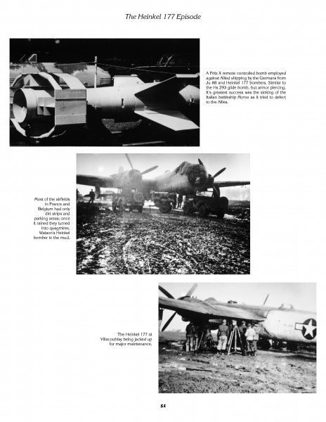 A page in Watson's Whizzers by Schiffer Publishing, Ltd. shows three black-and-white Heinkel 177 bomber photos, including close-ups, group shots with people, and text on German aeronautical technology and the planes' history.