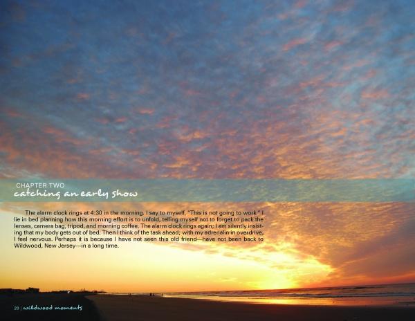 A vivid sunrise paints the sky over a calm New Jersey beach as text introduces “Wildwood Moments” from Schiffer Publishing, Ltd., describing a pre-dawn scene on the Wildwood boardwalk in Chapter Two: catching an early show.