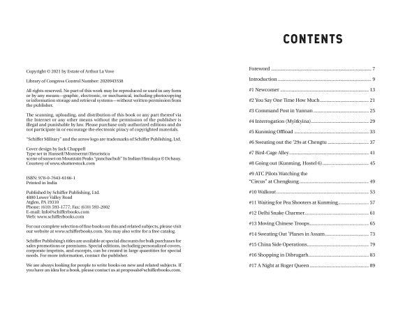 A table of contents from "Hump Drivers" by Schiffer Publishing, Ltd. lists Foreword, Introduction, chapters like “41 Newcomer” and “Reintegrating Civilians,” plus topics such as the Burma theater and Air Transport Command (pp. 7–89).