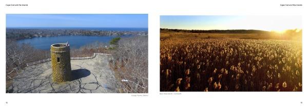 A stone tower overlooks a lake and forest, while sunlit fields of golden grass glow at sunset—captured in stunning detail in "Cape Cod and the Islands" by Schiffer Publishing, Ltd.