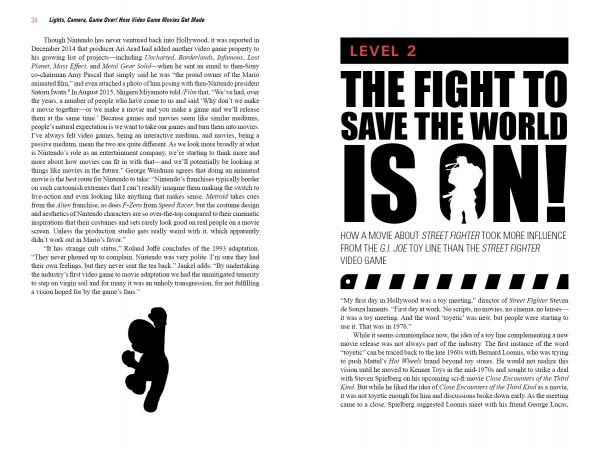 A two-page spread from *Lights, Camera, Game Over!* (Schiffer Publishing, Ltd.): Left page shows black text, a small running game character silhouette, and a quote; right page spotlights “Level 2: The Fight to Save the World Is On!”—plus Hollywood video game movie histories.