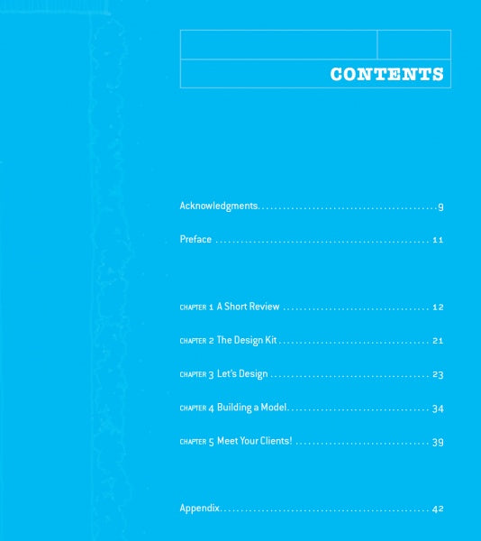 The Future Architect's Tool Kit by Schiffer Publishing, Ltd. features a blue table of contents page listing Acknowledgments, Preface, five chapters, and Appendix for aspiring architects, with "CONTENTS" in a white box at the top right.