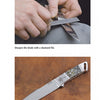 Two images from "Making Integral Knives" by Schiffer Publishing, Ltd.: Top—a knifemaker sharpens a blade with a diamond file. Bottom—a finished integral knife with a decorative handle rests on a brown surface.