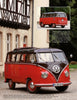 A vintage red and black VW Bus by Schiffer Publishing, Ltd. is parked on a cobblestone driveway before a beige building; another view shows its classic split windshield and rear design.