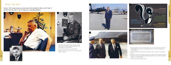 Two pages showcase photos of General Tooey Spaatz at a desk, in a suit, by an airplane, and with others. Plaques and a skunk cartoon reflect Lockheed SR-71 Blackbird’s Skunk Works legacy. Published by Schiffer Publishing, Ltd.
