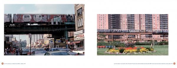 Born to Run by Schiffer Publishing, Ltd. includes two images: one of a graffiti-covered NYC subway train above a busy street and another rare shot of a train gliding over a flowered lawn with tall apartments in the background.