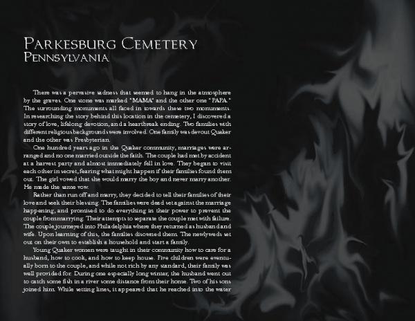 Image of a page from "Ghosts in the Cemetery" by Schiffer Publishing, Ltd., featuring white smoky patterns on black and recounting eerie legends and ghost stories linked to Pennsylvania's Parkesburg Cemetery.