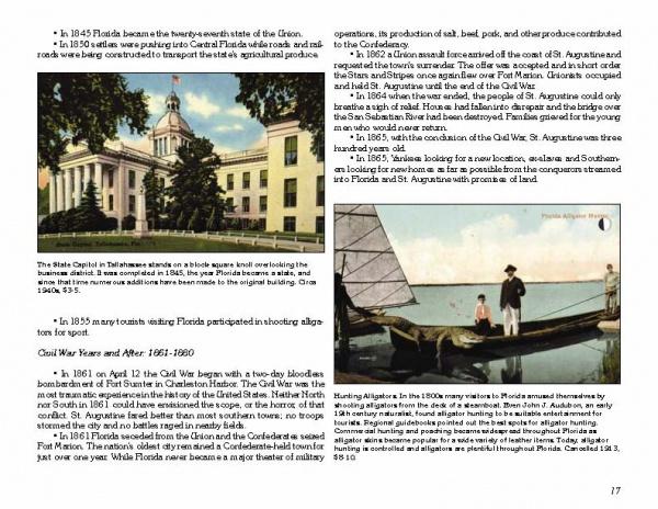 A page from "Greetings from St. Augustine" by Schiffer Publishing, Ltd. features a historic courthouse with a dome and trees above men in 19th-century attire on a boat, recalling vintage postcard scenes from America’s oldest city.