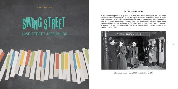 Swing Street by Schiffer Publishing, Ltd.: Graphic cover features colorful piano keys and “Swing Street: 52nd Street Jazz Clubs” title. At right, a black-and-white photo shows musicians entering Club Downbeat, celebrating 52nd Street's jazz legacy.