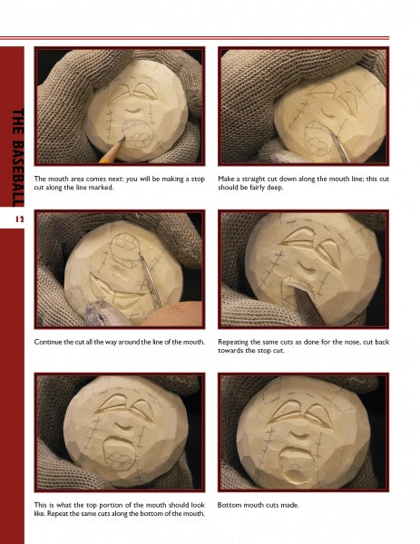 Six step-by-step photos from Carving Caricature Nametags by Schiffer Publishing, Ltd. show how to carve a baseball-shaped face, illustrating deep and shallow cuts—ideal visual aid for your next carving project or wearable nametag.