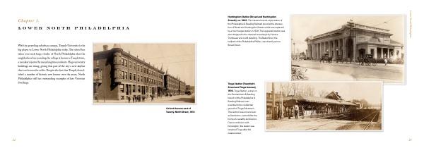 A book spread from "City of Neighborhoods" by Schiffer Publishing, Ltd. features sepia photos of early 1900s Philadelphia: a brick building with horse-drawn carts, a grand train station, and a railway depot in Lower North’s historic neighborhoods.