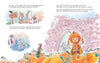 A storybook page inspired by The Bravest Knight Who Ever Lived (Schiffer Publishing, Ltd.) shows a knight by a pond, removing armor to swim; nearby, someone warns of Dragon Castle. At right, a child in a pumpkin costume stands near the pumpkin patch wall.