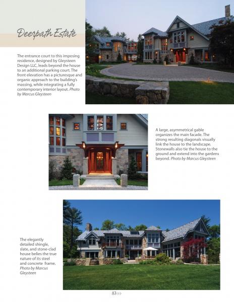 Shingle Style Architecture" by Schiffer Publishing, Ltd. showcases a luxurious modern home with stone accents, large windows, outdoor lighting, and landscaped grounds—highlighting its grand entrance and impressive energy efficiency.