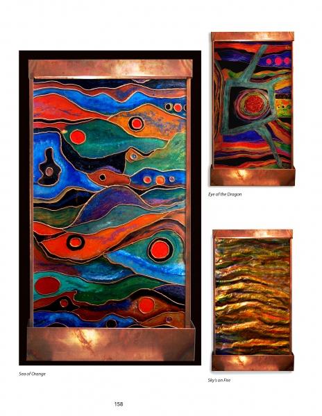Discover "A Universe of Metal Sculpture" by Schiffer Publishing, Ltd.—three vivid enamel artworks: swirling waves with red circles, an abstract eye motif, and fiery metal textures, each showcasing bold creativity and craftsmanship.