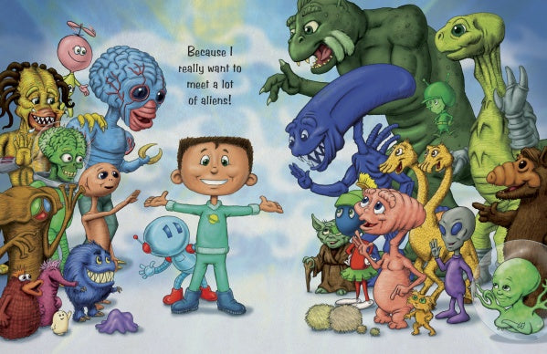 A smiling child in a spacesuit with open arms stands among colorful aliens and a blue robot under a bright sky. Perfect for "I'm Going to Outer Space!" by Schiffer Publishing, Ltd.—a fun children's picture book about space adventures!.