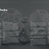 A grayscale image shows intricate folded paper polyhedra grouped together. Left-aligned, the title Folding Polyhedra appears, with several columns of text over these math-inspired geometric models. Brand: Schiffer Publishing, Ltd.