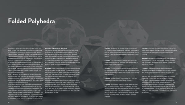A grayscale image shows intricate folded paper polyhedra grouped together. Left-aligned, the title Folding Polyhedra appears, with several columns of text over these math-inspired geometric models. Brand: Schiffer Publishing, Ltd.