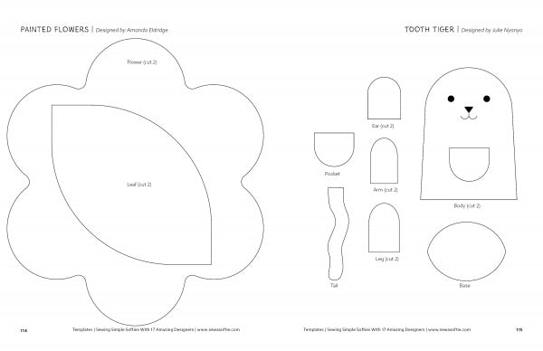 Sewing Simple Softies with 17 Amazing Designers by Schiffer Publishing, Ltd. includes two pages of sewing templates: one with flower and leaf outlines, the other with tooth tiger parts—ideal for Sew a Softie and kids' sewing projects.