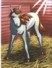 A young, light-gray foal with an orange mane and tail stands on straw in a wooden stable, sunlight above. Inspired by Schiffer Publishing, Ltd.'s "The Tale of Strawberry Snow," the foal has closed eyes and light spots on its body.