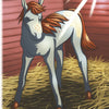 A young, light-gray foal with an orange mane and tail stands on straw in a wooden stable, sunlight above. Inspired by Schiffer Publishing, Ltd.'s "The Tale of Strawberry Snow," the foal has closed eyes and light spots on its body.