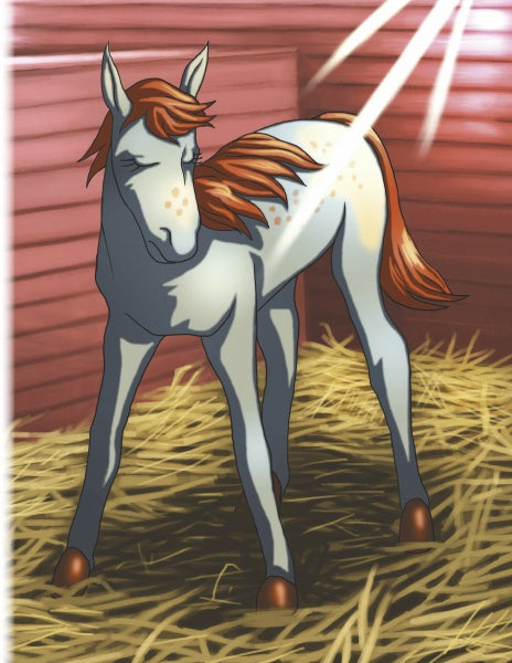 A young, light-gray foal with an orange mane and tail stands on straw in a wooden stable, sunlight above. Inspired by Schiffer Publishing, Ltd.'s "The Tale of Strawberry Snow," the foal has closed eyes and light spots on its body.