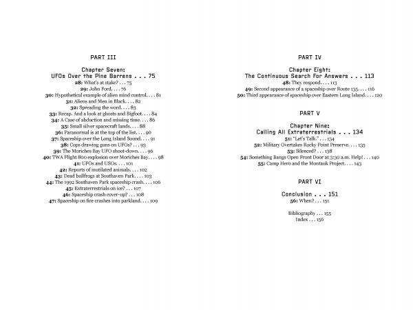 Table of contents pages from "UFOs Over Long Island, New York" by Schiffer Publishing, Ltd., showing PART III–VI with chapters on UFOs, Long Island sightings, alien investigations, extraterrestrials, page numbers, and a bibliography citing Joseph Flammer.