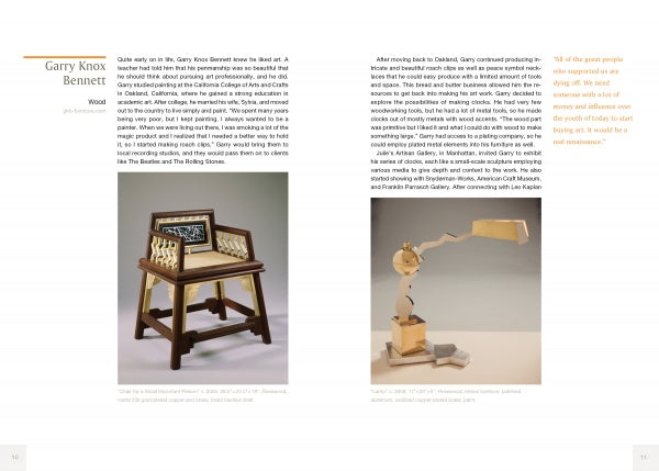 A spread from "Making Good" by Schiffer Publishing, Ltd. shows two pages with text and photos: a geometric wooden desk on the left and an articulated wooden desk lamp on the right, showcasing Garry Knox Bennett's sculptural furniture.
