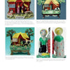 Four images from "Staffordshire Figures 1780 to 1840 Volume 3" by Schiffer Publishing, Ltd. show detailed figures and cottages with trees, animals, and people in period dress. Close-ups reveal enamel-painted designs; captions label each photo.