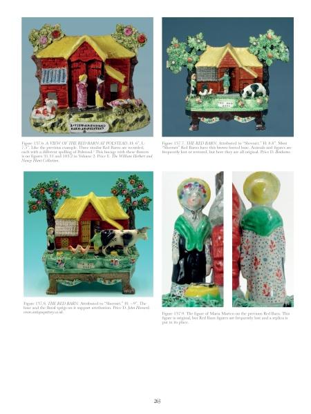 Four images from "Staffordshire Figures 1780 to 1840 Volume 3" by Schiffer Publishing, Ltd. show detailed figures and cottages with trees, animals, and people in period dress. Close-ups reveal enamel-painted designs; captions label each photo.