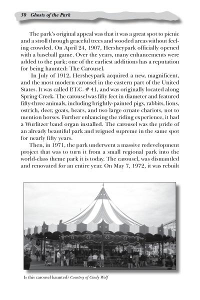 A black-and-white photo of a carousel tent appears beneath text on Hersheypark’s carousel and haunted legends in "Ghosts of Hershey and Vicinity" by Schiffer Publishing, Ltd.