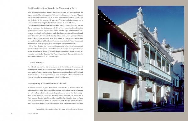 A page from Havana Forever by Schiffer Publishing, Ltd. displays text about urban development beside a photo of a historic pastel-blue colonial building with balconies and arched windows, capturing the charm of old Havana architecture.