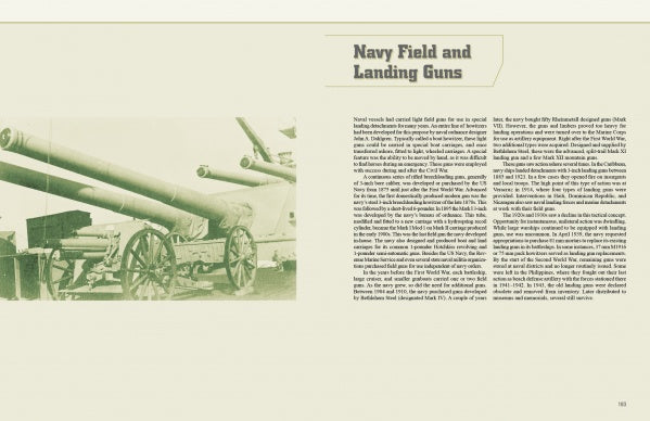 Sepia-toned image of large American mobile artillery on wheeled carriages, beside text headed “Navy Field and Landing Guns.” From "American Breechloading Mobile Artillery 1875-1953" by Schiffer Publishing, Ltd.