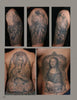 Five tattoos from "I Love Tattoos" by Schiffer Publishing, Ltd. are shown: three arm tattoos of a steam train with workers, a back tattoo of the Virgin Mary with roses, and a side tattoo of Mona Lisa in an ornate frame.