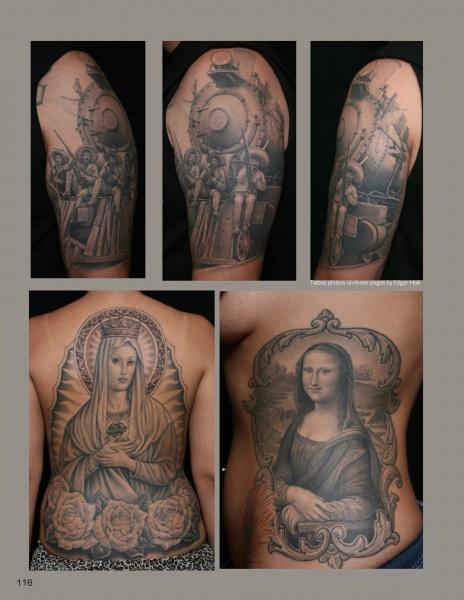 Five tattoos from "I Love Tattoos" by Schiffer Publishing, Ltd. are shown: three arm tattoos of a steam train with workers, a back tattoo of the Virgin Mary with roses, and a side tattoo of Mona Lisa in an ornate frame.