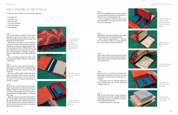 A step-by-step photo guide with text from "Constructing and Covering Boxes" by Schiffer Publishing, Ltd. shows how to attach a tray to a lid using book board, gluing, and assembly on a green cutting mat, with close-up images of each step.