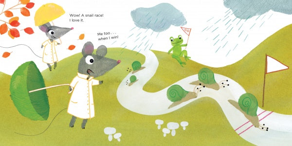 Two mice in raincoats cheer as three snails race on a winding path. Nearby, a frog in a party hat sits in the rain with autumn leaves and mushrooms—a whimsical scene from Lili's Seasons by Schiffer Publishing, Ltd., for ages 4–8.
