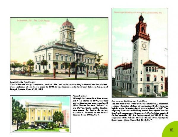 A collage of three vintage postcards from Schiffer Publishing, Ltd.'s "St. John's River" captures Jacksonville, FL landmarks—the Duval County Courthouse, Police Theater, and Government Building and Post Office—reflecting the city’s illustrated riverfront history.