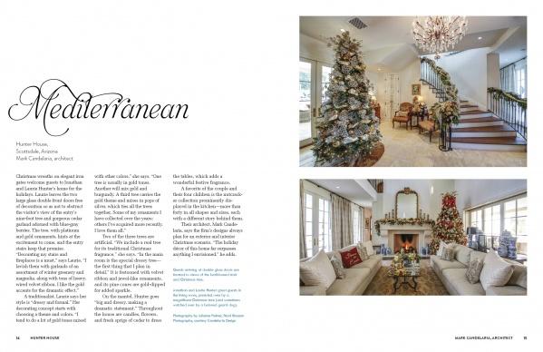 A magazine spread from "Christmas by Design" by Schiffer Publishing, Ltd. showcases festive holiday décor in a Mediterranean home, including a grand staircase with a Christmas tree, a cozy fireplace, and another tree by tall windows.
