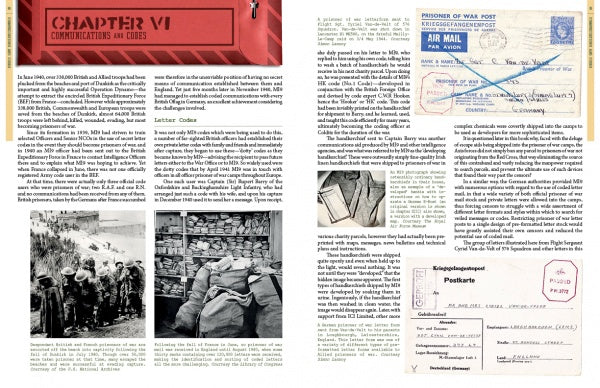 A spread from "Evasion and Escape Devices Produced by MI9, MIS-X, and SOE in World War II" (Schiffer Publishing, Ltd.) features Chapter VI on POW mail, censorship, codes, MI-9 aids, plus photos of POWs, guards, censors’ marks on wartime letters and postcards.