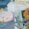 A watercolor in "Wind and Oyster Jack" by Schiffer Publishing, Ltd. shows a sailboat on choppy Chesapeake Bay at sunset; inside the cabin, a person in a yellow coat adjusts a red hat as story text overlays both pages.