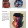A magazine page displays three pots using Miriam Joy's Wax Design Technique by Schiffer Publishing, Ltd.—two with floral and firework patterns, and a large one below featuring bright crayon and paint art with creative wax tips.