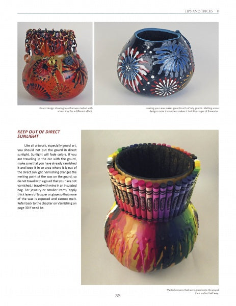 A magazine page displays three pots using Miriam Joy's Wax Design Technique by Schiffer Publishing, Ltd.—two with floral and firework patterns, and a large one below featuring bright crayon and paint art with creative wax tips.