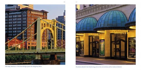 Side-by-side images: left shows the yellow Andy Warhol Bridge over the Allegheny River, right highlights the Benedum Center—both featured in "Pittsburgh" by Schiffer Publishing, Ltd., a book documenting Pittsburgh's cultural renaissance.