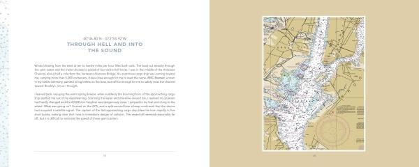 A two-page spread from Archipelago New York (Schiffer Publishing, Ltd.): the left page features the title and text, while the right displays a detailed nautical map of a sailing journey among New York City’s waterways and islands.
